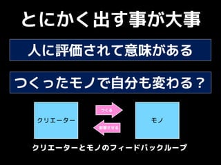 とにかく出す事が大事
つくったモノで自分も変わる？
クリエーター
つくる
モノ
人に評価されて意味がある
影響させる
クリエーターとモノのフィードバックループ
 