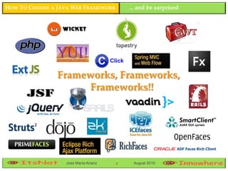 HOW TO CHOOSE A JAVA WEB FRAMEWORK            ... and be surprised




                                      Click

                Frameworks, Frameworks,
                      Frameworks!!




                  Jose María Arranz     4      August 2010
 