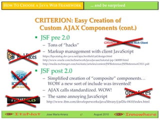 HOW TO CHOOSE A JAVA WEB FRAMEWORK                      ... and be surprised


             CRITERION: Easy Creation of
              Custom AJAX Components (cont.)
              JSF pre 2.0
                 – Tons of “hacks”
                 – Markup management with client JavaScript
                 https://bpcatalog.dev.java.net/ajax/textfield-jsf/design.html
                 http://www.oracle.com/technetwork/java/javaee/tutorial-jsp-140089.html
                 http://media.techtarget.com/tss/static/articles/content/JSFReference/JSFReferenceCH11.pdf


              JSF post 2.0
                 – Simplified creation of “composite” components…
                   WOW a new sort of include was invented!
                 – AJAX calls standardized. WOW!
                 – The same annoying JavaScript
                    http://www.ibm.com/developerworks/java/library/j-jsf2fu-0410/index.html



                    Jose María Arranz           47         August 2010
 