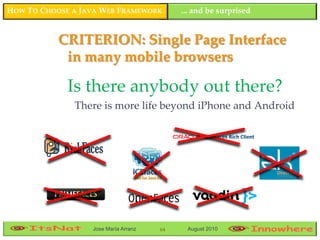 HOW TO CHOOSE A JAVA WEB FRAMEWORK         ... and be surprised


           CRITERION: Single Page Interface
            in many mobile browsers

             Is there anybody out there?
              There is more life beyond iPhone and Android




                                                                  64




                  Jose María Arranz   64    August 2010
 