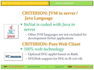 HOW TO CHOOSE A JAVA WEB FRAMEWORK         ... and be surprised



              CRITERION: JVM in server /
               Java Language
              ItsNat is coded with Java in
               server
                 – Other JVM languages are not excluded for
                   development ItsNat applications
              CRITERION: Pure Web Client
              100% web technology
                 – Optional SVG applet based on Batik
                 – SVGWeb support for SVG in IE (v6-v8)

                  Jose María Arranz   74    August 2010
 