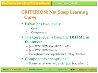 HOW TO CHOOSE A JAVA WEB FRAMEWORK             ... and be surprised


             CRITERION: Not Steep Learning
              Curve
              ItsNat has two levels:
                 1.      Core
                 2.      Components
              The Core level is basically DHTML in
               the server
                 – Java W3C DOM Core/HTML APIs
                 – Java W3C DOM Events
                 – Enough to create sophisticated SPI applications
              Components are optional
                 – Form components very useful (text box, select…)

                      Jose María Arranz   92    August 2010
 