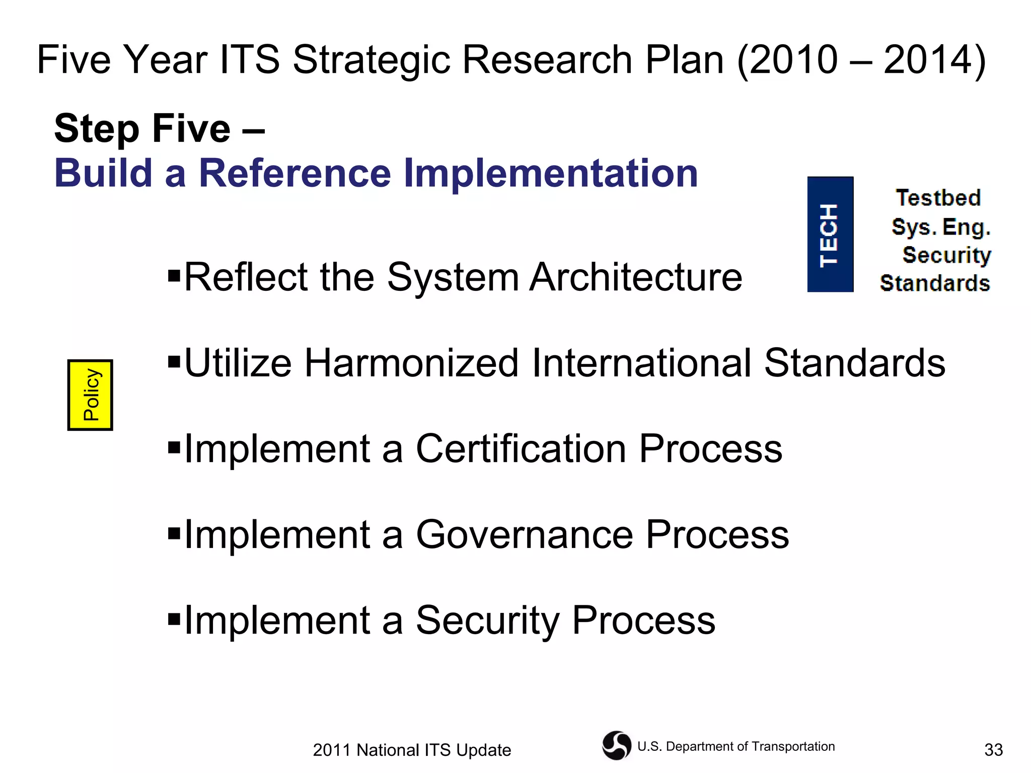 Step Five –  Build a Reference Implementation Reflect the System Architecture Utilize Harmonized International Standards Implement a Certification Process Implement a Governance Process Implement a Security Process Policy Five Year ITS Strategic Research Plan (2010 – 2014) 2011 National ITS Update 