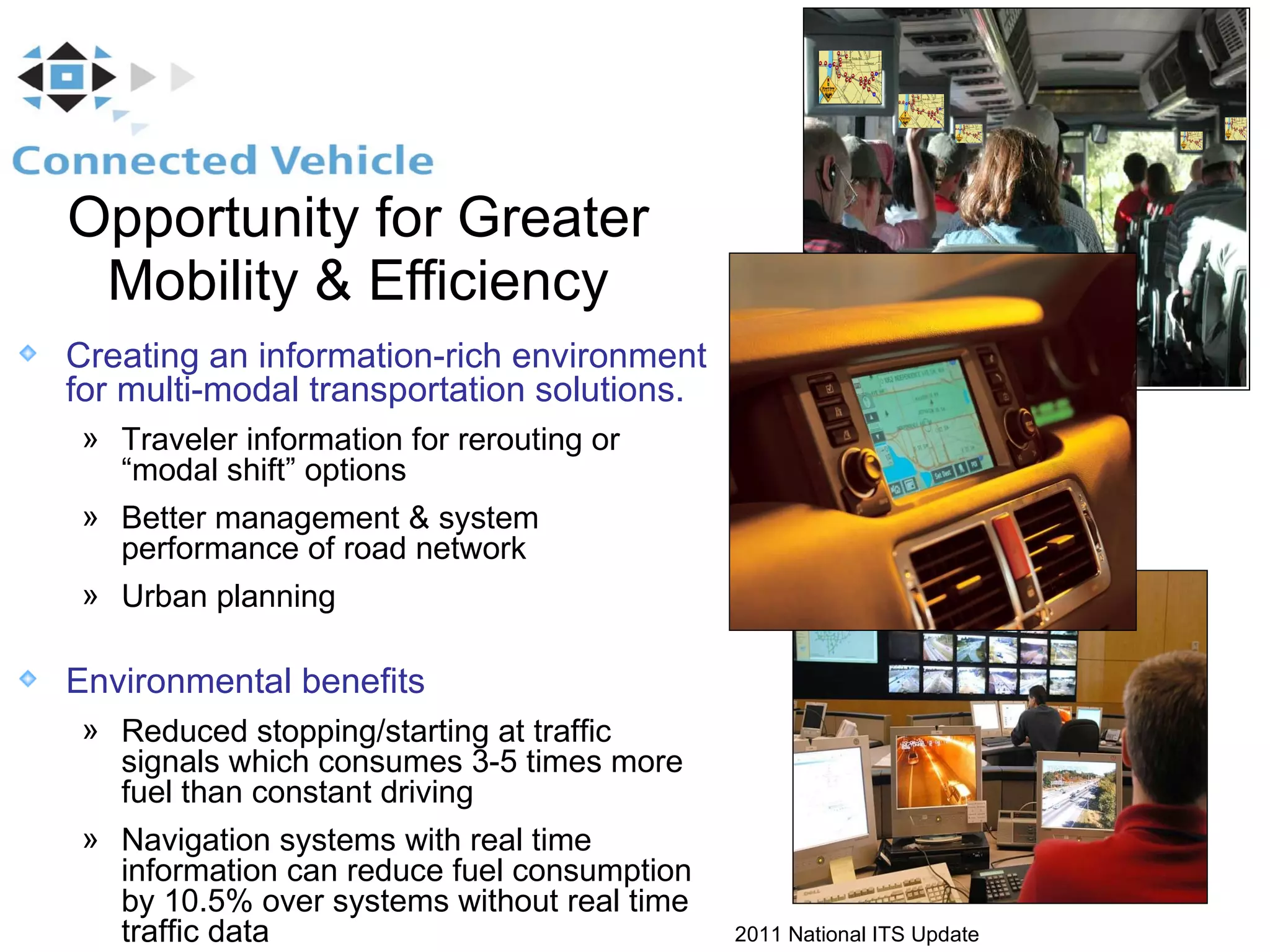 Opportunity for Greater Mobility & Efficiency Creating an information-rich environment for multi-modal transportation solutions. Traveler information for rerouting or “modal shift” options Better management & system performance of road network Urban planning Environmental benefits Reduced stopping/starting at traffic signals which consumes 3-5 times more fuel than constant driving Navigation systems with real time information can reduce fuel consumption by 10.5% over systems without real time traffic data 2011 National ITS Update 