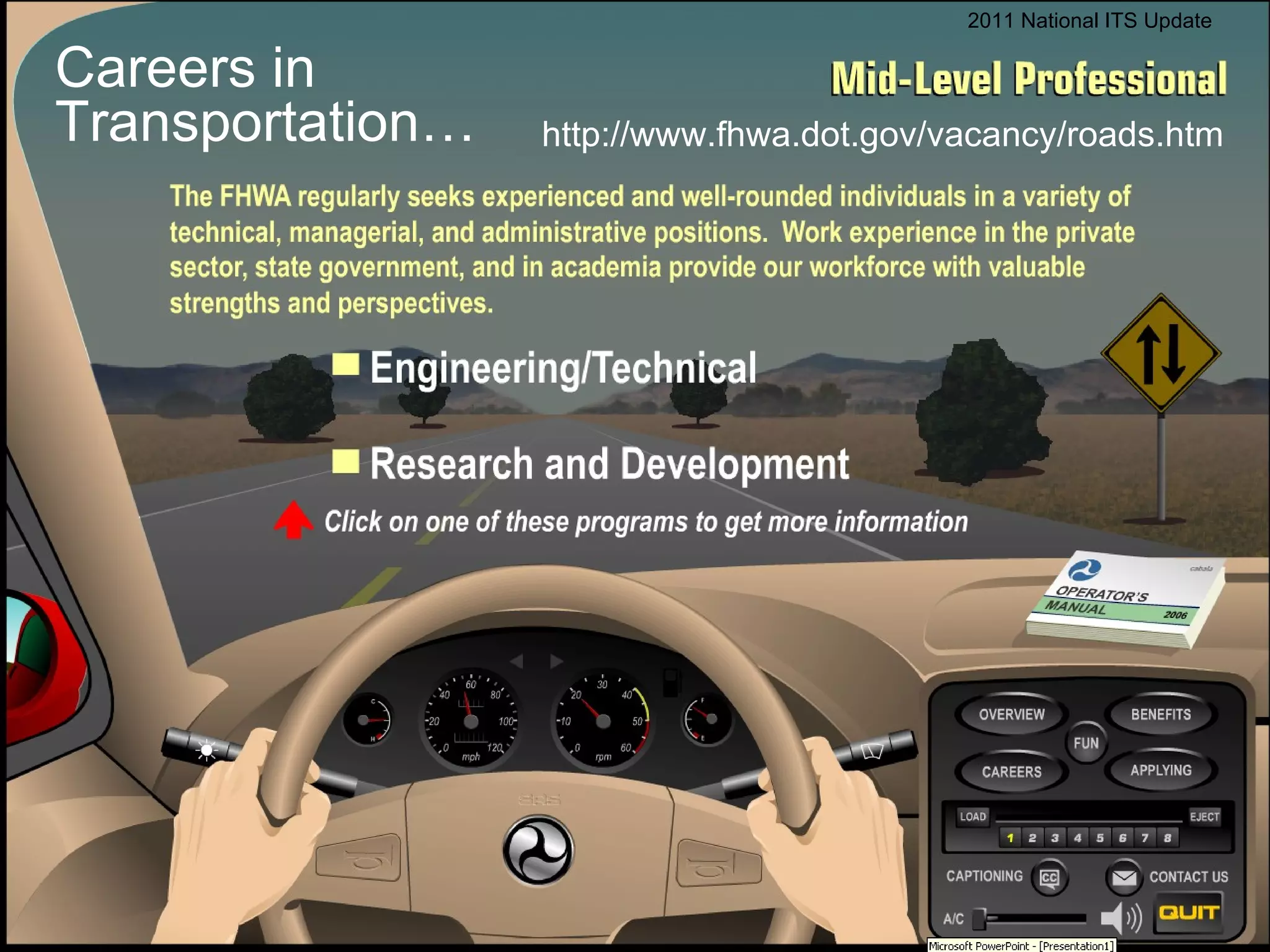 Careers in Transportation… http://www.fhwa.dot.gov/vacancy/roads.htm 2011 National ITS Update 