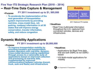 Five Year ITS Strategic Research Plan (2010 – 2014) –  Real-Time Data Capture & Management Purpose To accelerate the implementation of the next generation of transportation system improvements by providing real-time, cross-modal (bus, rail, parking, roadway) information in all 50 states that will improve energy conservation, traveler information, safety, and reduce congestion  Purpose   To improve transportation mobility by providing travelers and transportation system operators with real-time, dynamic, cross-modal decision-making capabilities through access to a nationwide suite of applications based on improved collection and processing of real-time data, supplemented by improved communications between vehicles (transit, truck, auto and fleets) and infrastructure Dynamic Mobility Applications FY 2011 investment up to   $1, 995,000 FY 2011 investment up to   $8,000,000 Headlines Applications for Real-Time data that are both DSRC & non DSRC-based V2I Multi-modal applications for mobility Headlines Real-Time multimodal information throughout the U.S. captured from connected vehicles, devices and infrastructure. 2011 National ITS Update 