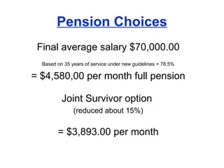 Pension Choices Final average salary $70,000.00 Based on 35 years of service under new guidelines = 78.5% = $4,580,00 per month full pension Joint Survivor option  (reduced about 15%) = $3,893.00 per month 