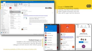 Groups in Outlook 2016
Participate in conversations, schedule
meetings, share files & notes and even
initiate a Skype for Business voice and
video call for urgent real-time decisions.
Outlook Groups app
Available on iOS, Android & Windows Phone.
Continue conversations, view files, @mention
colleagues and even discover other relevant groups.
Introducing availability of Office 365 Groups in Outlook 2016
 