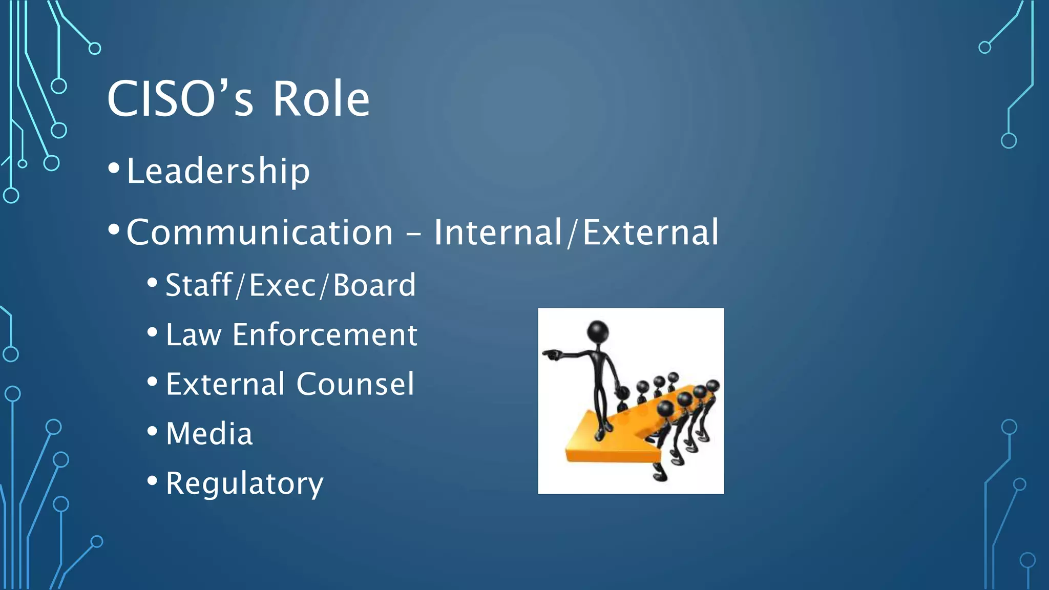 CISO’s Role
•Leadership
•Communication – Internal/External
• Staff/Exec/Board
• Law Enforcement
• External Counsel
• Media
• Regulatory
 