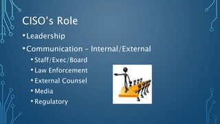 CISO’s Role
•Leadership
•Communication – Internal/External
• Staff/Exec/Board
• Law Enforcement
• External Counsel
• Media
• Regulatory
 