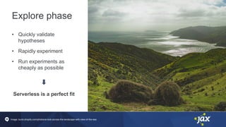 Explore phase
• Quickly validate
hypotheses
• Rapidly experiment
• Run experiments as
cheaply as possible
Image: burst.shopify.com/photos/a-look-across-the-landscape-with-view-of-the-sea
Serverless is a perfect fit
 