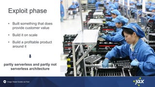 Exploit phase
• Built something that does
provide customer value
• Build it on scale
• Build a profitable product
around it
Image: Robert Scoble via Flickr
partly serverless and partly not
serverless architecture
 