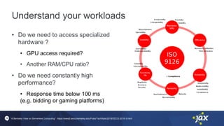 Understand your workloads
• Do we need to access specialized
hardware ?
• GPU access required?
• Another RAM/CPU ratio?
• Do we need constantly high
performance?
• Response time below 100 ms
(e.g. bidding or gaming platforms)
“A Berkeley View on Serverless Computing” https://www2.eecs.berkeley.edu/Pubs/TechRpts/2019/EECS-2019-3.html
 