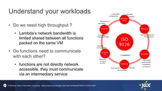 Understand your workloads
• Do we need high throughput ?
• Lambda‘s network bandwidth is
limited shared between all functions
packed on the same VM
• Do functions need to communicate
with each other?
• functions are not directly network
accessible, they must communicate
via an intermediary service
“A Berkeley View on Serverless Computing” https://www2.eecs.berkeley.edu/Pubs/TechRpts/2019/EECS-2019-3.html
 