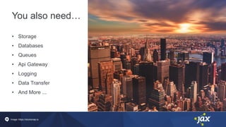 You also need…
• Storage
• Databases
• Queues
• Api Gateway
• Logging
• Data Transfer
• And More ...
Image: https://stocksnap.io
 