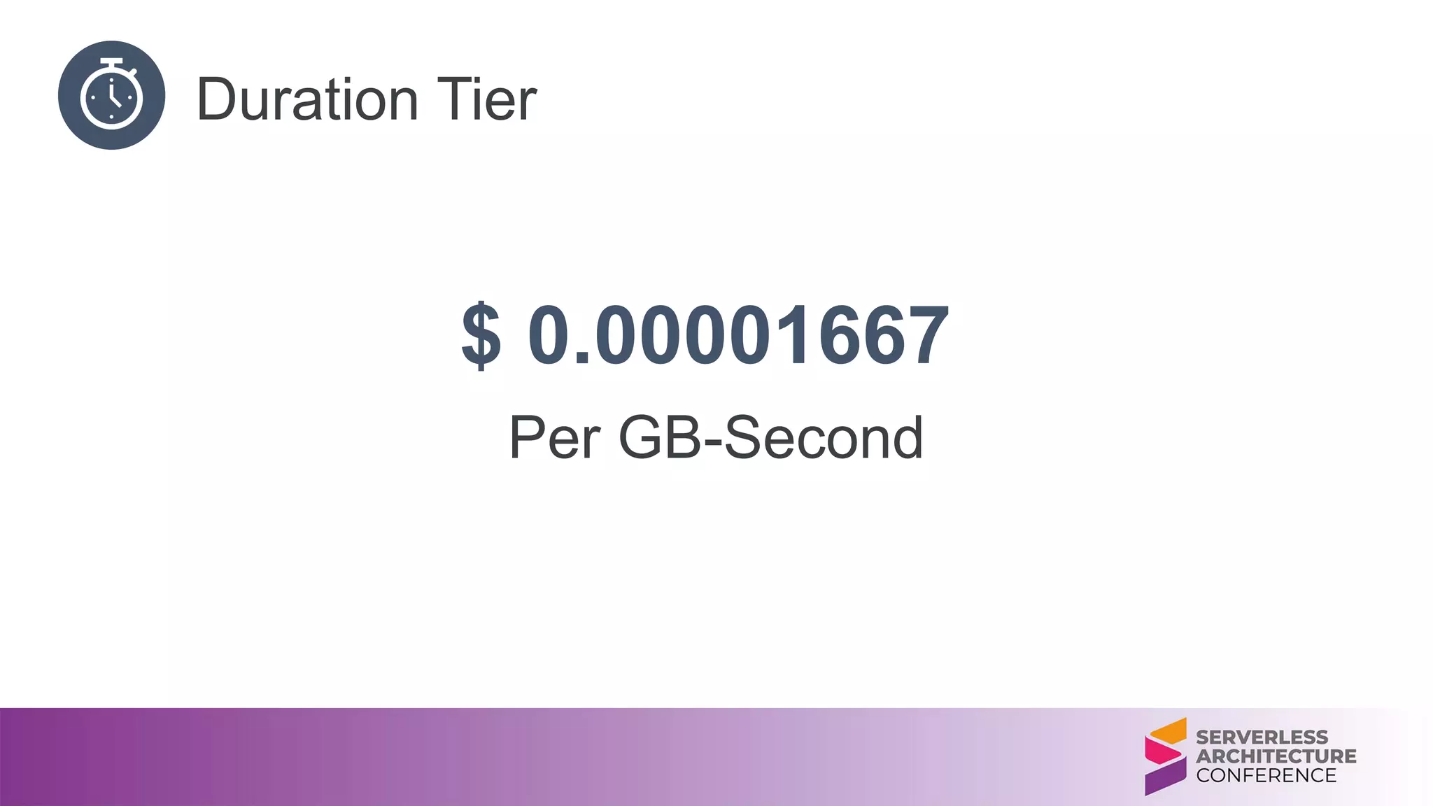 Duration Tier
$ 0.00001667
Per GB-Second
 
