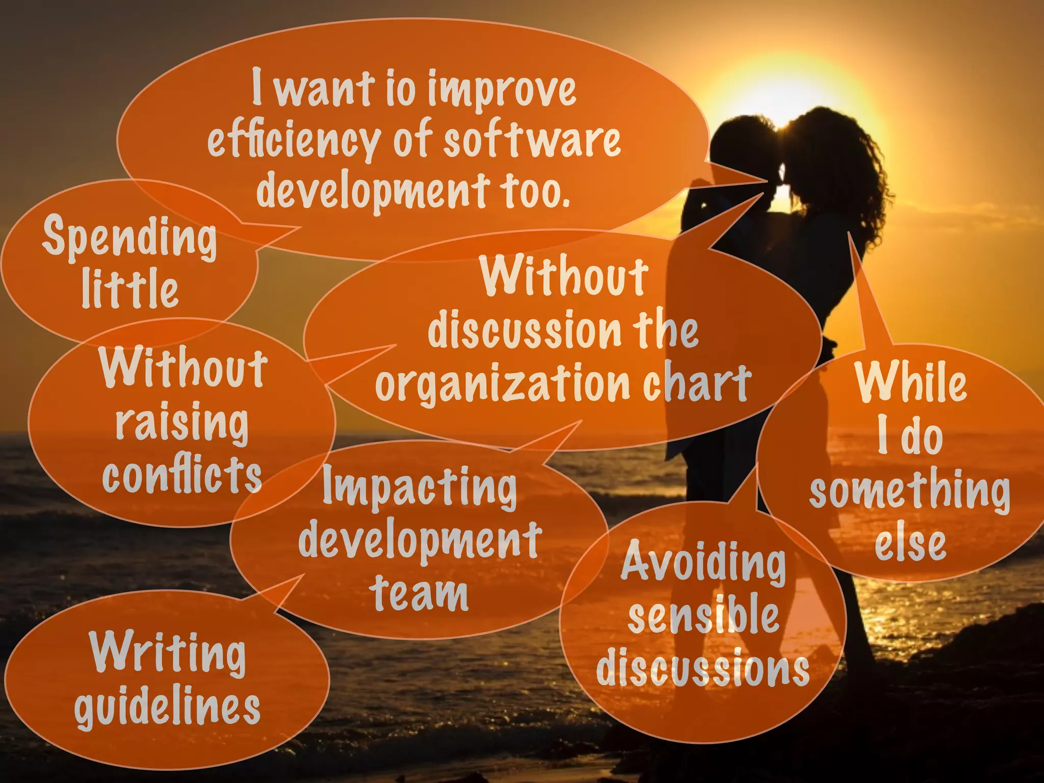 I want io improve
efﬁciency of software
development too.
Without
discussion the
organization chart
Spending
little
While
I do
something
else
Impacting
development
team
Avoiding
sensible
discussions
Without
raising
conﬂicts
Writing
guidelines
 