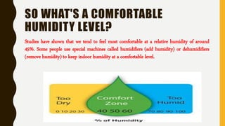 SO WHAT'S A COMFORTABLE
HUMIDITY LEVEL?
Studies have shown that we tend to feel most comfortable at a relative humidity of around
45%. Some people use special machines called humidifiers (add humidity) or dehumidifiers
(remove humidity) to keep indoor humidity at a comfortable level.
 
