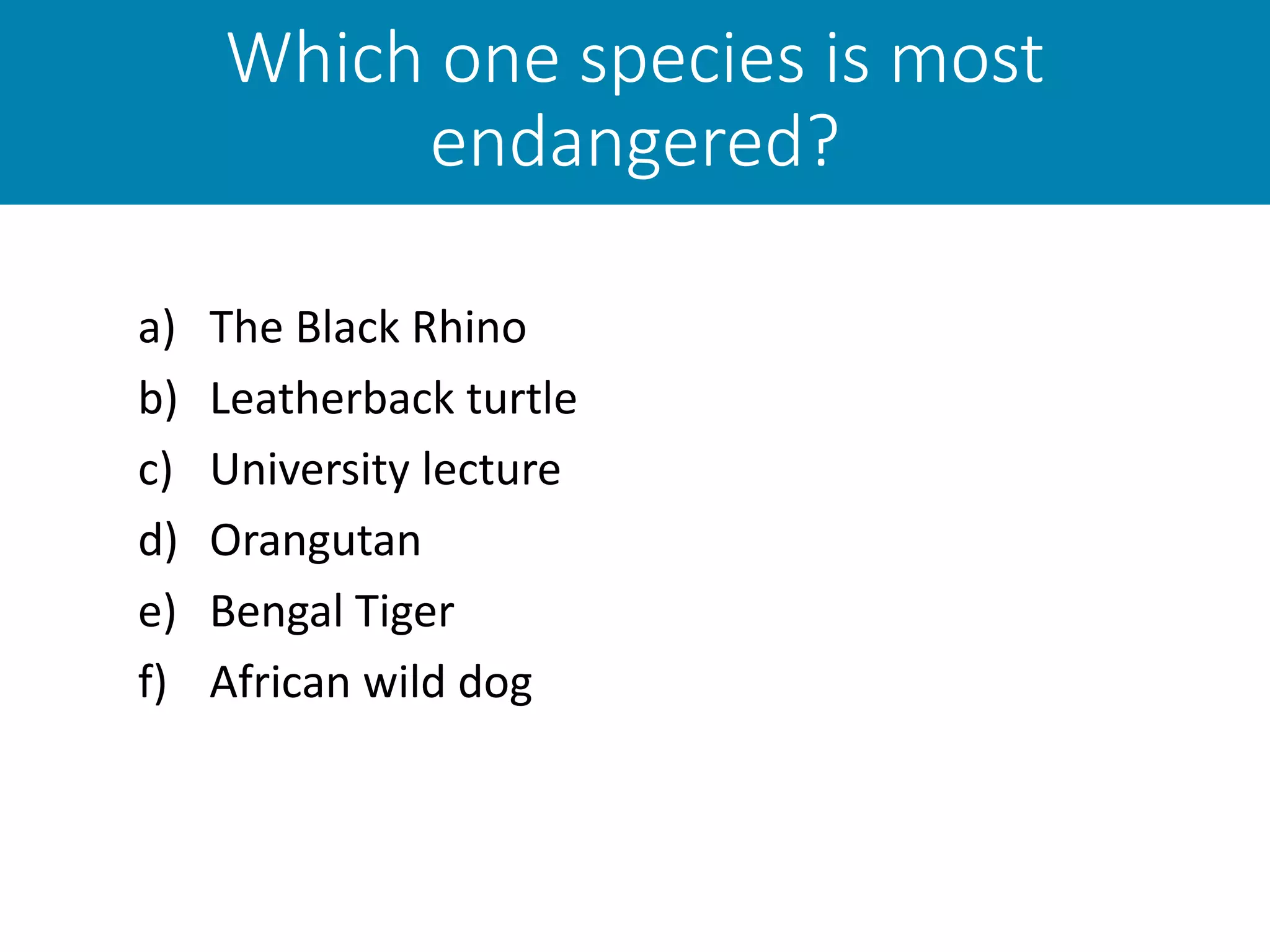 Which one species is most
endangered?
a) The Black Rhino
b) Leatherback turtle
c) University lecture
d) Orangutan
e) Bengal Tiger
f) African wild dog
 