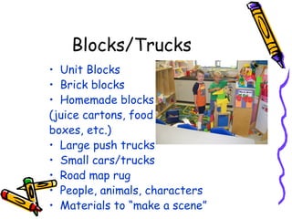 Blocks/Trucks
• Unit Blocks
• Brick blocks
• Homemade blocks
(juice cartons, food
boxes, etc.)
• Large push trucks
• Small cars/trucks
• Road map rug
• People, animals, characters
• Materials to “make a scene”
 