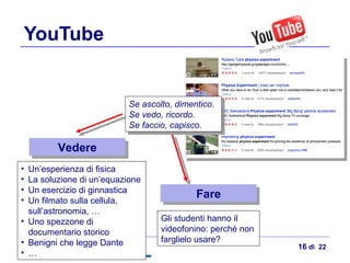 YouTube Se ascolto, dimentico. Se vedo, ricordo. Se faccio, capisco. Vedere Fare Un’esperienza di fisica La soluzione di un’equazione Un esercizio di ginnastica Un filmato sulla cellula, sull’astronomia, … Uno spezzone di documentario storico Benigni che legge Dante … Gli studenti hanno il videofonino: perché non farglielo usare?  di  22 