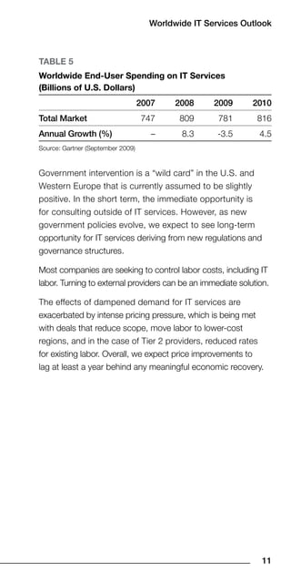 Worldwide IT Services Outlook



TaBle 5
Worldwide end-User Spending on IT Services
(Billions of U.S. Dollars)
                                   007    008     009     010
Total Market                       747      809      781      816
Annual Growth (%)                     –     8.3      -3.5      4.5
Source: Gartner (September 2009)


Government intervention is a “wild card” in the U.S. and
Western Europe that is currently assumed to be slightly
positive. In the short term, the immediate opportunity is
for consulting outside of IT services. However, as new
government policies evolve, we expect to see long-term
opportunity for IT services deriving from new regulations and
governance structures.

Most companies are seeking to control labor costs, including IT
labor. Turning to external providers can be an immediate solution.

The effects of dampened demand for IT services are
exacerbated by intense pricing pressure, which is being met
with deals that reduce scope, move labor to lower-cost
regions, and in the case of Tier 2 providers, reduced rates
for existing labor. Overall, we expect price improvements to
lag at least a year behind any meaningful economic recovery.




                                                                11
 