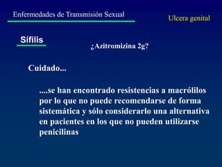 Enfermedades de Transmisión Sexual
Sífilis
Ulcera genital
Cuidado...
....se han encontrado resistencias a macrólilos
por lo que no puede recomendarse de forma
sistemática y sólo considerarlo una alternativa
en pacientes en los que no pueden utilizarse
penicilinas
¿Azitromizina 2g?
 