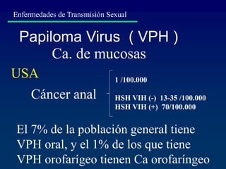 Papiloma Virus ( VPH )
Ca. de mucosas
Enfermedades de Transmisión Sexual
Cáncer anal
1 /100.000
HSH VIH (-) 13-35 /100.000
HSH VIH (+) 70/100.000
El 7% de la población general tiene
VPH oral, y el 1% de los que tiene
VPH orofarígeo tienen Ca orofaríngeo
USA
 