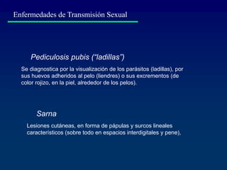 Enfermedades de Transmisión Sexual
Pediculosis pubis (“ladillas”)
Se diagnostica por la visualización de los parásitos (ladillas), por
sus huevos adheridos al pelo (liendres) o sus excrementos (de
color rojizo, en la piel, alrededor de los pelos).
Sarna
Lesiones cutáneas, en forma de pápulas y surcos lineales
característicos (sobre todo en espacios interdigitales y pene),
 