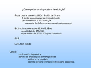 ¿Cómo podemos diagnosticar la etiología?
Frotis uretral con escobillón: tinción de Gram
5 ó más leucocitos/campo: indica infección
permite orientar la Microbiología
presencia de diplococos gramnegativos (gonococo)
Enzimoinmunoensayo (EIA o ELISA)
sensibilidad del 67%-98%
especificidad del 85%-100% para Chlamydia
PCR
LCR, test rápido
Cultivo
confirmación diagnóstica
pero no es práctico para el manejo clínico
lentitud en el resultado
además requiere un medio de transporte específico.
 