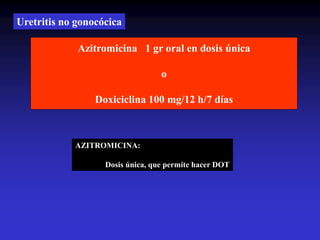 Uretritis no gonocócica
AZITROMICINA:
Dosis única, que permite hacer DOT
Azitromicina 1 gr oral en dosis única
o
Doxiciclina 100 mg/12 h/7 días
 