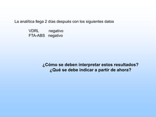 La analítica llega 2 días después con los siguientes datos
VDRL negativo
FTA-ABS negativo
¿Cómo se deben interpretar estos resultados?
¿Qué se debe indicar a partir de ahora?
 