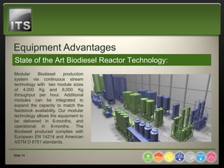 Equipment Advantages
State of the Art Biodiesel Reactor Technology:
Modular    Biodiesel      production
system via continuous stream
technology with two module sizes
of 4,000 Kg and 8,000 Kg
throughput per hour. Additional
modules can be integrated to
expand the capacity to match the
feedstock availability. Our modular
technology allows the equipment to
be delivered in 6-months, and
operational in 9-months. The
Biodiesel produced complies with
European EN 14214 and American
ASTM D 6751 standards.


Slide 14
 