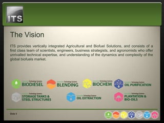 The Vision
ITS provides vertically integrated Agricultural and Biofuel Solutions, and consists of a
first class team of scientists, engineers, business strategists, and agronomists who offer
unrivalled technical expertise, and understanding of the dynamics and complexity of the
global biofuels market.




Slide 4
 