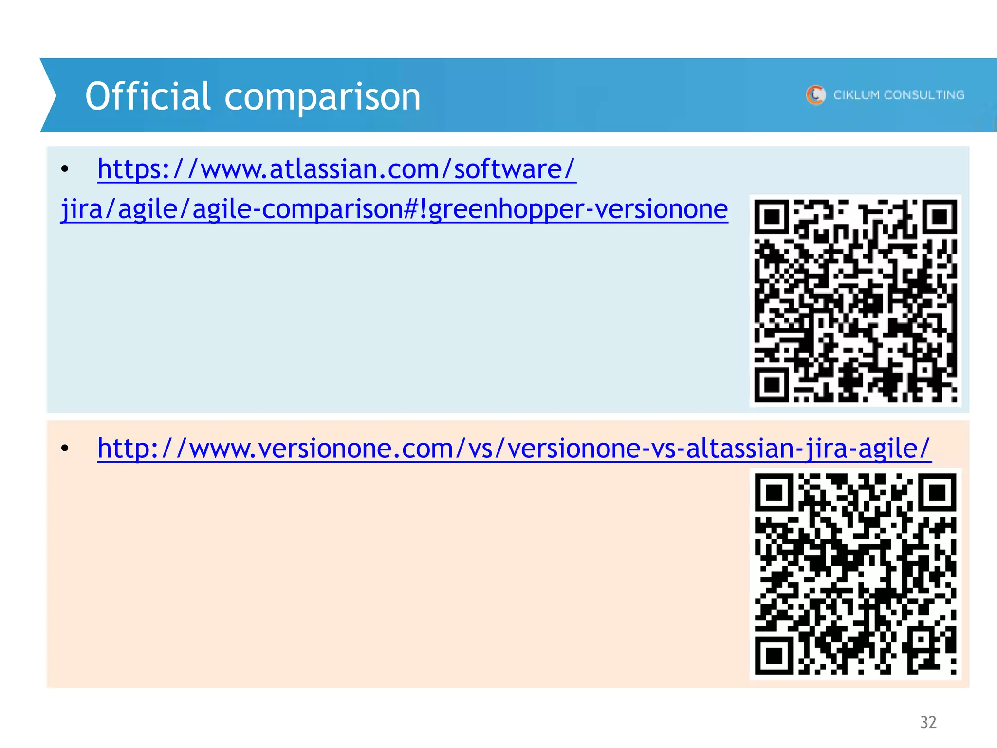 32
Official comparison
• https://www.atlassian.com/software/
jira/agile/agile-comparison#!greenhopper-versionone
• http://www.versionone.com/vs/versionone-vs-altassian-jira-agile/
 