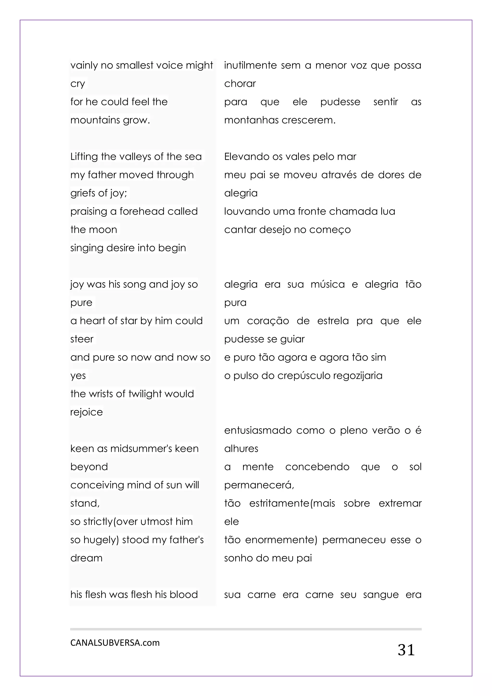 CANALSUBVERSA.com 
31 vainly no smallest voice might cry for he could feel the mountains grow. Lifting the valleys of the sea my father moved through griefs of joy; praising a forehead called the moon singing desire into begin joy was his song and joy so pure a heart of star by him could steer and pure so now and now so yes the wrists of twilight would rejoice keen as midsummer's keen beyond conceiving mind of sun will stand, so strictly(over utmost him so hugely) stood my father's dream his flesh was flesh his blood 
inutilmente sem a menor voz que possa chorar 
para que ele pudesse sentir as montanhas crescerem. 
Elevando os vales pelo mar 
meu pai se moveu através de dores de alegria 
louvando uma fronte chamada lua 
cantar desejo no começo 
alegria era sua música e alegria tão pura 
um coração de estrela pra que ele pudesse se guiar 
e puro tão agora e agora tão sim 
o pulso do crepúsculo regozijaria 
entusiasmado como o pleno verão o é alhures 
a mente concebendo que o sol permanecerá, 
tão estritamente(mais sobre extremar ele 
tão enormemente) permaneceu esse o sonho do meu pai 
sua carne era carne seu sangue era  