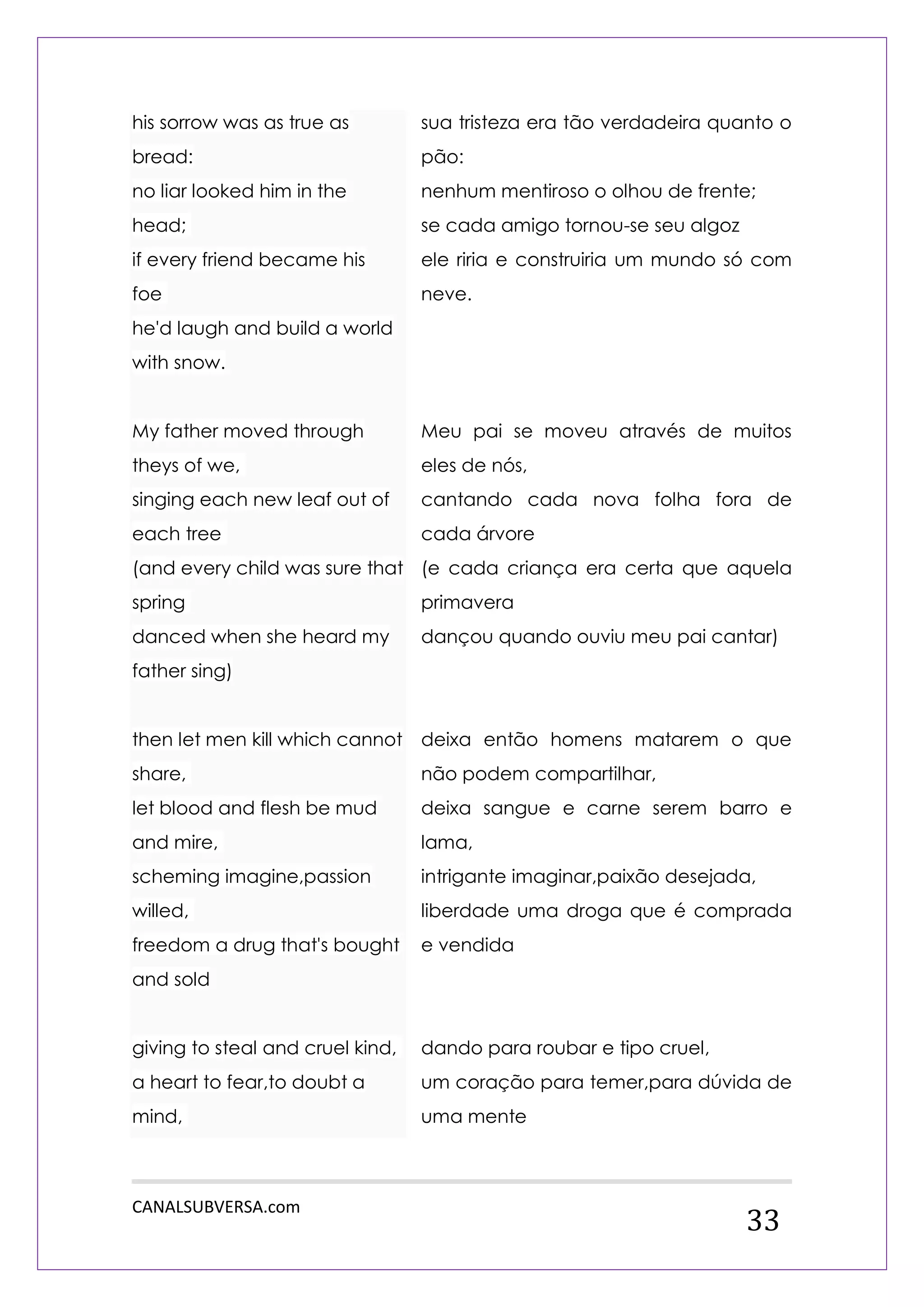 CANALSUBVERSA.com 
33 his sorrow was as true as bread: no liar looked him in the head; if every friend became his foe he'd laugh and build a world with snow. My father moved through theys of we, singing each new leaf out of each tree (and every child was sure that spring danced when she heard my father sing) then let men kill which cannot share, let blood and flesh be mud and mire, scheming imagine,passion willed, freedom a drug that's bought and sold giving to steal and cruel kind, a heart to fear,to doubt a mind, 
sua tristeza era tão verdadeira quanto o pão: 
nenhum mentiroso o olhou de frente; 
se cada amigo tornou-se seu algoz 
ele riria e construiria um mundo só com neve. 
Meu pai se moveu através de muitos eles de nós, 
cantando cada nova folha fora de cada árvore 
(e cada criança era certa que aquela primavera 
dançou quando ouviu meu pai cantar) 
deixa então homens matarem o que não podem compartilhar, 
deixa sangue e carne serem barro e lama, 
intrigante imaginar,paixão desejada, 
liberdade uma droga que é comprada e vendida 
dando para roubar e tipo cruel, 
um coração para temer,para dúvida de uma mente  