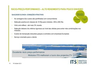 RÁCIO-PREÇO-PERFORMANCE – ALTO RENDIMENTO PARA POUCO DINHEIRO
QUALIDADE ELEVADA –CONDIÇÕES ATRACTIVAS

Rácio-preçoperformance

•

As vantagens dos custos são partilhadas com consumidores

•

Selecção positiva em classes de 10 Wp-para módulos 250 e 260 Wp

•

Vidro anti-reflexo : até mais 3% receita

•

Selecção debaixo de critérios rigorosos ao nível das células para evitar más combinações nos
módulos

•

Custos de transacção reduzidos graças a contratos com empresas Europeias

•

Serviço orientado para o cliente

Excelente rácio preço-performance
Módulos ITS melhoram o lucro dos projectos FV

13

16 October 2013

Durabilidade

Sustentabili
dade

 