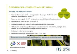 SUSTENTABILIDADE – OS MÓDULOS DA ITS SÃO “VERDES"
Rácio-preçoperformance

FILOSOFIA: MAIS VERDE DO QUE O VERDE

Durabilidad
e

Sustentabil
idade

•

Total uso dos recursos devido à reintegração das células que dificilmente seriam
usadas de outra maneira na cadeia FV

•

Poupança de energia de até 90% comparada com os módulos cristalinos convencionais

•

Optimização da cadeia de valor na indústria FV

•

Pegada de Carbono dos módulos ITS é de aproximadamente 8g CO2/kWh*

•

100% energia verde: Produção Norueguesa baseada em energia hidroeléctrica, produção Alemã
baseada na sua própria instalação FV e energia hidroeléctrica

•

Embalagem ambientalmente amigável

•

Membros da associação de reciclagem CERES e ERP Itália

Especialmente atractiva investidores / consumidores ambientalmente
conscientes

*explicação detalhada em seguida
24

16 October 2013

 