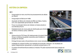 HISTÓRIA DA EMPRESA
2011
•

Inauguração de mais uma linha de processamento de células
em Narvik

•

Inauguração da fábrica em Halle

•

Aquisição da fábrica de módulos da REC em Glava, Suécia,
com uma capacidade aproximada de 100 MW

•

Focus na produção interna de módulos na Suécia devido à
sua elevada procura

•

Estabelecimento de novos polos de distribuição para América
do Norte e América Lanita, Califórnia

2012
•

•

Entrega Europa Leste e Escandinávia como novos mercados

•

Instalação do módulo EcoPlus nas medições de produção d aPhoton. Os resultados de
testes independentes representam um grande sucesso para a ITS

•

30

Outsourcing da ITS Power AG relativamnete à Innotech Solar
Group e mudança da gestão corporativa para fortalecer a
posição de mercado

O instituto SmartGreenScans-atesta os módulos ITS pela impressionante baixa pegada de
carbono
16 October 2013

 