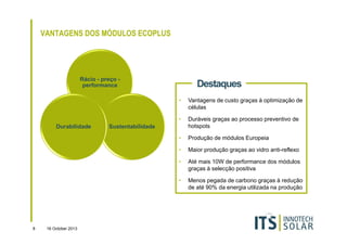 VANTAGENS DOS MÓDULOS ECOPLUS

Rácio - preço performance

Destaques
•
•

Maior produção graças ao vidro anti-reflexo

•

Até mais 10W de performance dos módulos
graças à selecção positiva

•

16 October 2013

Produção de módulos Europeia

•

8

Duráveis graças ao processo preventivo de
hotspots

•

Durabilidade

Vantagens de custo graças à optimização de
células

Menos pegada de carbono graças à redução
de até 90% da energia utilizada na produção

Sustentabilidade

 