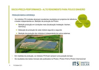 RÁCIO-PREÇO-PERFORMANCE– ALTO RENDIMENTO PARA POUCO DINHEIRO
PRODUÇÃO MARCA A DIFERENÇA
•

Os módulos ITS modules alcançam excelentes resultados em projectos de referência
e testes independentes ex. Medição de produção da Photon
➡ Medição produção em condições reais (localização instalação: Aachen,
Germany)

Rácio-preçoperformance

Durabilidade

Sustentabili
dade

➡ Detecção de produção de cada módulo segundo a segundo
➡ Medição da produção dos módulos é independente de outros sistemas

•
•

9

Em medidas de produção, os módulos ITS ficam sempre numa posição de topo
Os resultados dos testes mensais são publicados na Photon, Photon Profi e Photon Internacional

16 October 2013

 