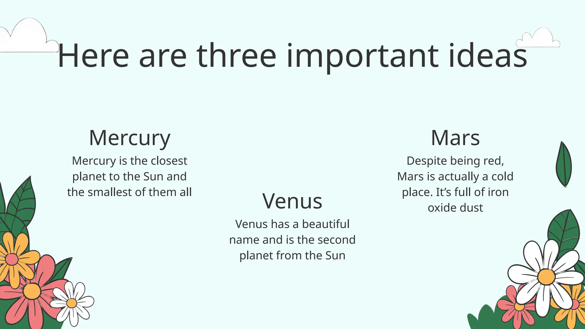 Here are three important ideas
Mercury is the closest
planet to the Sun and
the smallest of them all
Venus has a beautiful
name and is the second
planet from the Sun
Despite being red,
Mars is actually a cold
place. It’s full of iron
oxide dust
Mercury
Venus
Mars
 