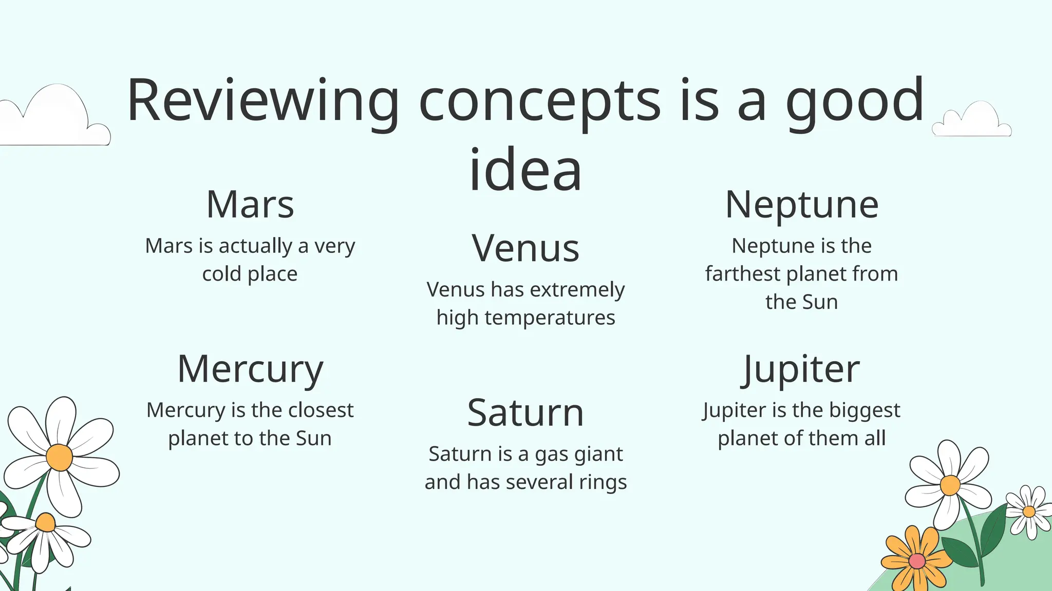 Venus has extremely
high temperatures
Neptune is the
farthest planet from
the Sun
Reviewing concepts is a good
idea
Mars is actually a very
cold place
Mercury is the closest
planet to the Sun
Saturn is a gas giant
and has several rings
Jupiter is the biggest
planet of them all
Mars
Venus
Neptune
Mercury
Saturn
Jupiter
 