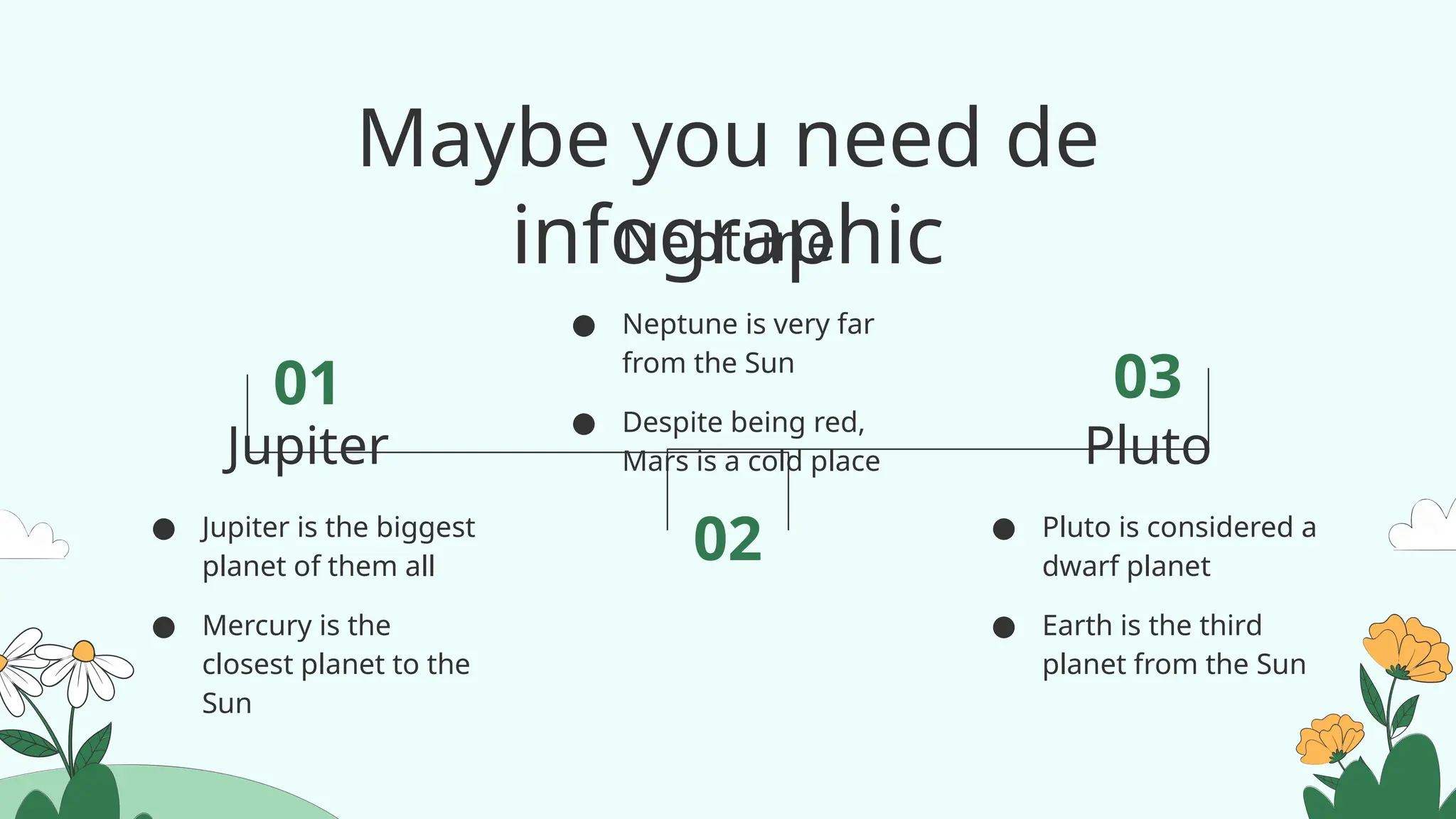 Maybe you need de
infographic
● Jupiter is the biggest
planet of them all
● Mercury is the
closest planet to the
Sun
Jupiter
● Pluto is considered a
dwarf planet
● Earth is the third
planet from the Sun
Pluto
● Neptune is very far
from the Sun
● Despite being red,
Mars is a cold place
Neptune
01
02
03
 