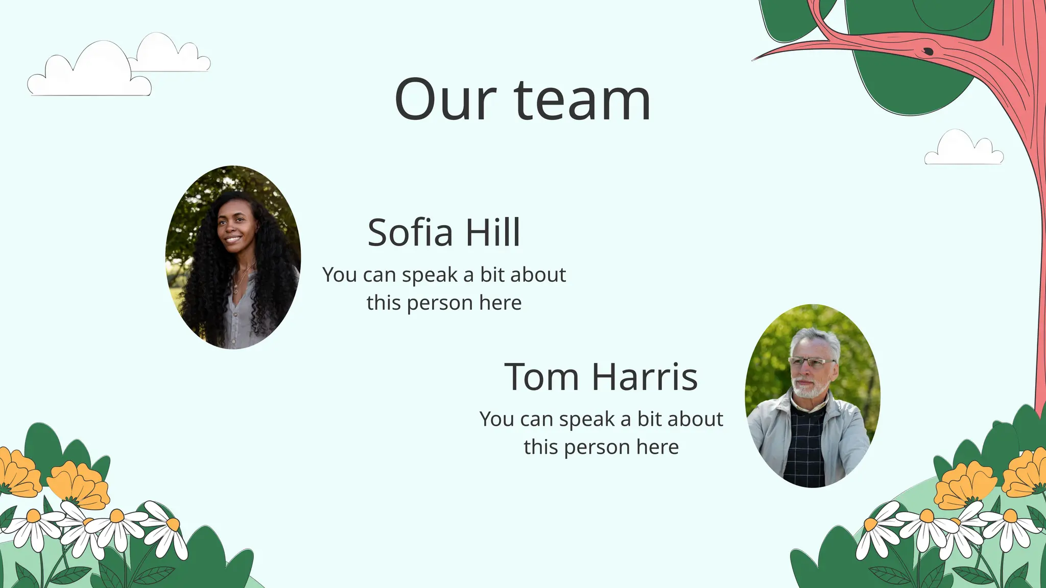 Tom Harris
Sofia Hill
Our team
You can speak a bit about
this person here
You can speak a bit about
this person here
 