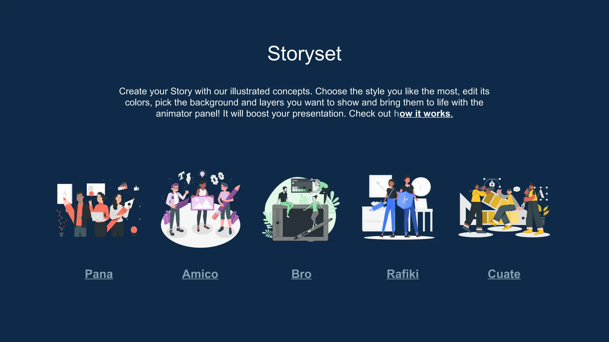 Create your Story with our illustrated concepts. Choose the style you like the most, edit its
colors, pick the background and layers you want to show and bring them to life with the
animator panel! It will boost your presentation. Check out how it works.
Storyset
Pana Amico Bro Rafiki Cuate
 