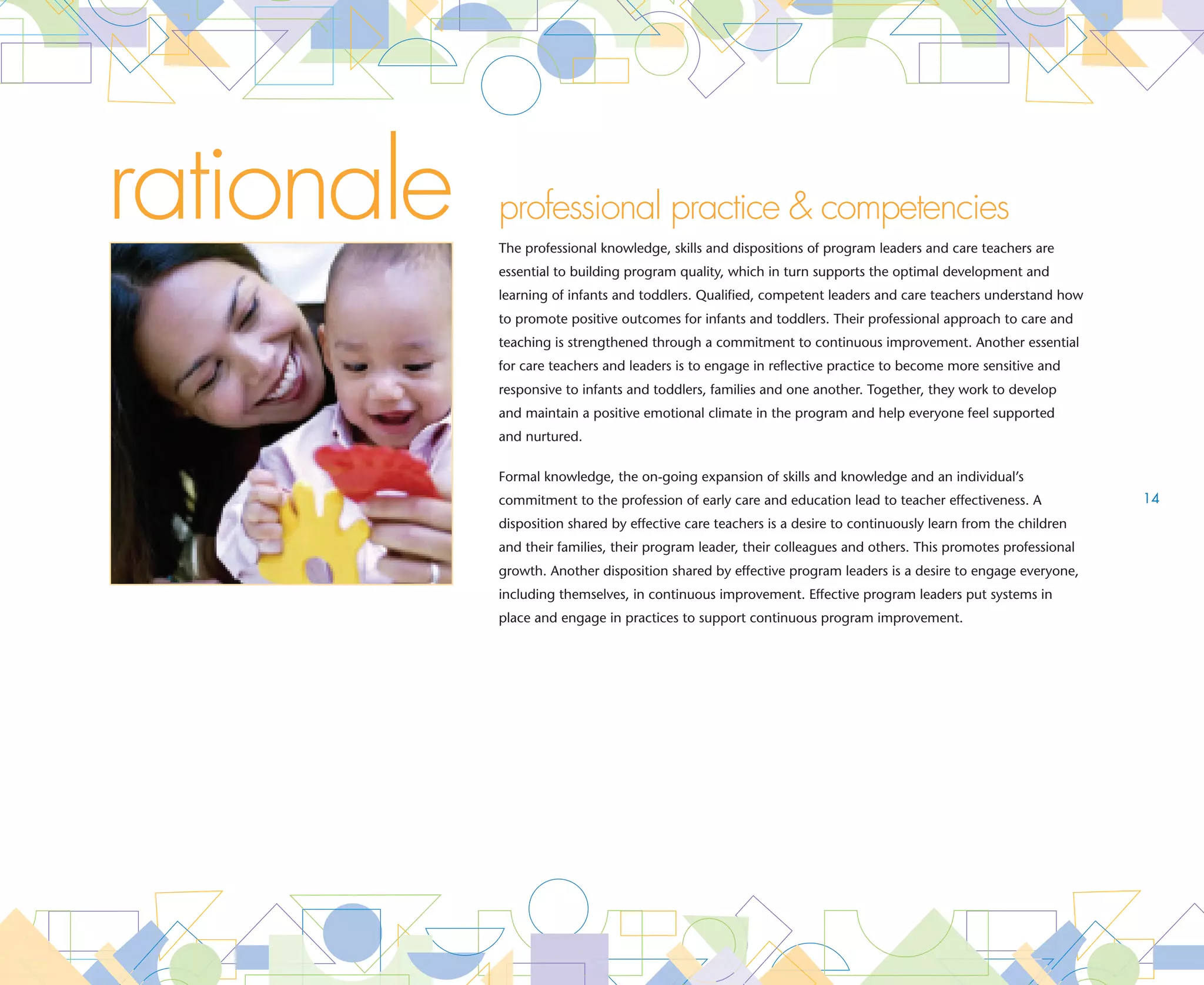 goal   Program leaders and care teachers have the educational qualifications to support the
       care and learning of infants and toddlers
       Essential Program leaders have a minimum of a bachelor’s degree in Early Childhood Education or related field
       Essential	 Care teachers have a minimum of an associate’ s degree in Early Childhood Education or Career
       	             Pathways Level Three




goal   Program leaders and care teachers continue to expand their professional knowledge
       and competencies to support the care and learning of infants and toddlers

       Essential  rogram leaders and care teachers complete at least 15 hours of professional development annually
                 P
                     to support their written professional development plan




goal
                                                                                                                          15

       Program leaders and care teachers systematically engage in reflective practice to support
       the care and learning of infants and toddlers

       Essential	
                 Care teachers assigned to a primary group of infants and toddlers meet weekly to plan and implement
                     care and teaching strategies based on observations and documentation

       Essential	
                 Care teachers assess their classrooms annually using a standardized instrument and input from families
                     to develop a classroom action plan

       Essential	
                 Program leaders assess their program annually using a standardized instrument and input from families
                     to develop a program action plan




                                                                                         professional practice  competencies
 