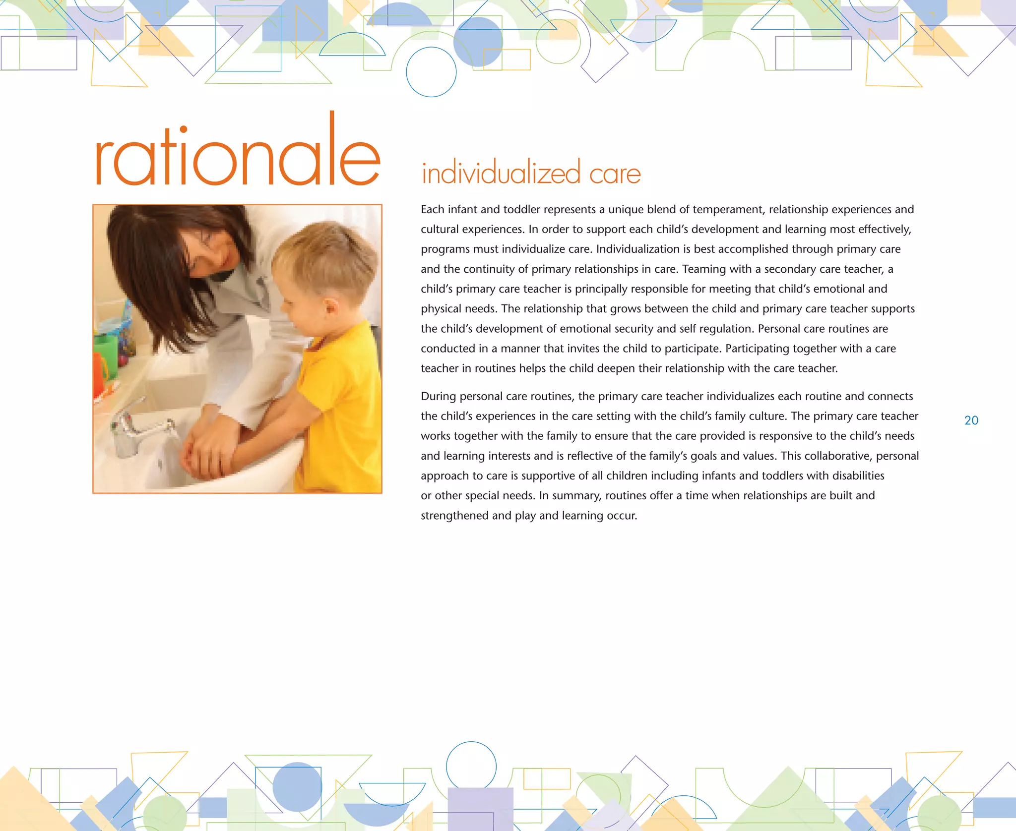 goal   Infants and toddlers experience individualized care in ongoing primary relationships with
       their care teachers
       ESSENTIAL nfants and toddlers are assigned and cared for by primary care teachers who remain with them until age three.
                 I
                     Primary care teachers are responsible for:
                     •	 Responding promptly to child’s cues of distress          •	 bserving and documenting progress weekly to
                                                                                    O
                     •	 erforming most personal care routines
                        P                                                           inform curriculum planning
                     •	nteracting and talking with the child about what
                        I                                                        •	 onducting developmental screenings within 60
                                                                                    C
                        they are experiencing during personal care routines         days of enrollment or obtaining screening results
                        and play                                                    from the child’s medical home
                     •	 roviding developmentally appropriate play
                        P                                                        •	 aking referrals if necessary and participating
                                                                                    M
                        and learning activities based on the child’s interests      in the Individualized Family Service Plan (IFSP)
                        and temperament                                             as appropriate
                     •	 ommunicating daily with families and providing
                        C                                                        •	 eaming with a secondary care teacher to ensure
                                                                                    T
                        developmental progress at least twice a year                that the child is with someone familiar when the
                     •	 aking decisions with the family when there are
                        M                                                           primary care teacher is not there                       21
                        changes in care routines and when questions or           •	nforming the secondary care teacher of child’s
                                                                                    I
                        concerns arise                                              status and needs before the child is left in that
                     •	 eeping records of daily routine care, developmental
                        K                                                           teacher’s care
                        progress and incidents and injury




goal   Infants and toddlers participate actively in personal care routines that are individually
       and culturally responsive
       ESSENTIAL  rimary care teachers individualize personal care routines and play. Individualization includes:
                 P
                     •	
                       Implementing families’ cultural preferences and           •	
                                                                                   Adjusting the pace of personal care routines, play and
                       practices related to feeding, sleeping, diapering/          learning to match the pace and rhythm of the child
                       toileting and nutrition                                   •	 acilitating appropriate transition strategies upon
                                                                                     F
                     •	
                       Adapting to individual and developmental feeding,             daily entry and departure, between play and routine
                       sleeping and toileting schedules while attending              activities and when transitioning to a new setting
                       to recommended health and safety practices                    and care teachers
                     •	
                       Varying supervision to meet different activities’
                       requirements




                                                                                                                          individualized care
 