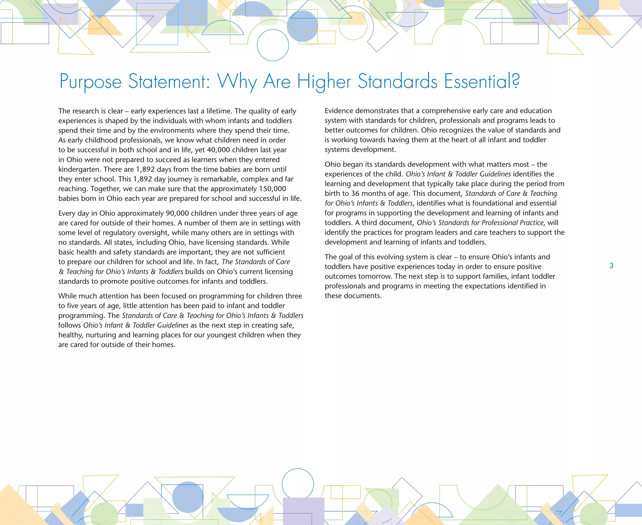 Purpose Statement: Why Are Higher Standards Essential?
The research is clear – early experiences last a lifetime. The quality of early   Evidence demonstrates that a comprehensive early care and education
experiences is shaped by the individuals with whom infants and toddlers           system with standards for children, professionals and programs leads to
spend their time and by the environments where they spend their time.             better outcomes for children. Ohio recognizes the value of standards and
As early childhood professionals, we know what children need in order             is working towards having them at the heart of all infant and toddler
to be successful in both school and in life, yet 40,000 children last year        systems development.
in Ohio were not prepared to succeed as learners when they entered
                                                                                  Ohio began its standards development with what matters most – the
kindergarten. There are 1,892 days from the time babies are born until
                                                                                  experiences of the child. Ohio’s Infant  Toddler Guidelines identifies the
they enter school. This 1,892 day journey is remarkable, complex and far
                                                                                  learning and development that typically take place during the period from
reaching. Together, we can make sure that the approximately 150,000
                                                                                  birth to 36 months of age. This document, Standards of Care  Teaching
babies born in Ohio each year are prepared for school and successful in life.
                                                                                  for Ohio’s Infants  Toddlers, identifies what is foundational and essential
Every day in Ohio approximately 90,000 children under three years of age          for programs in supporting the development and learning of infants and
are cared for outside of their homes. A number of them are in settings with       toddlers. A third document, Ohio’s Standards for Professional Practice, will
some level of regulatory oversight, while many others are in settings with        identify the practices for program leaders and care teachers to support the
no standards. All states, including Ohio, have licensing standards. While         development and learning of infants and toddlers.
basic health and safety standards are important, they are not sufficient
                                                                                  The goal of this evolving system is clear – to ensure Ohio’s infants and
to prepare our children for school and life. In fact, The Standards of Care
                                                                                  toddlers have positive experiences today in order to ensure positive           
 Teaching for Ohio’s Infants  Toddlers builds on Ohio’s current licensing
                                                                                  outcomes tomorrow. The next step is to support families, infant toddler
standards to promote positive outcomes for infants and toddlers.
                                                                                  professionals and programs in meeting the expectations identified in
While much attention has been focused on programming for children three           these documents.
to five years of age, little attention has been paid to infant and toddler
programming. The Standards of Care  Teaching for Ohio’s Infants  Toddlers
follows Ohio’s Infant  Toddler Guidelines as the next step in creating safe,
healthy, nurturing and learning places for our youngest children when they
are cared for outside of their homes.
 